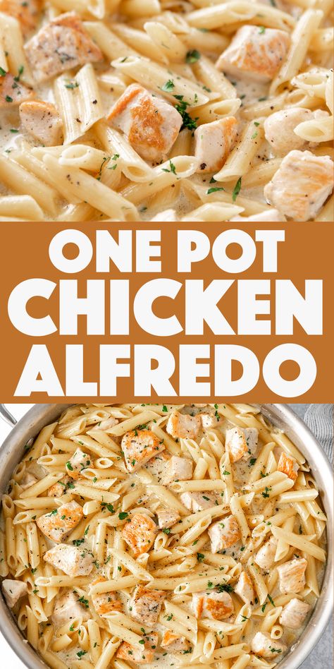 One Pot Chicken Alfredo - the original viral homemade chicken alfredo in an easy one pot recipe. 1 Pot Chicken Alfredo, One Pot Chicken And Bacon Alfredo, One Pot Chicken Fettuccine Alfredo, Best Chicken Alfredo Recipe Easy, Chicken Alfredo With Ragu Sauce, How To Make Chicken For Chicken Alfredo, Pasta W Chicken Recipes, Pasta Supper Ideas Simple, Chicken Recipes With Alfredo Sauce