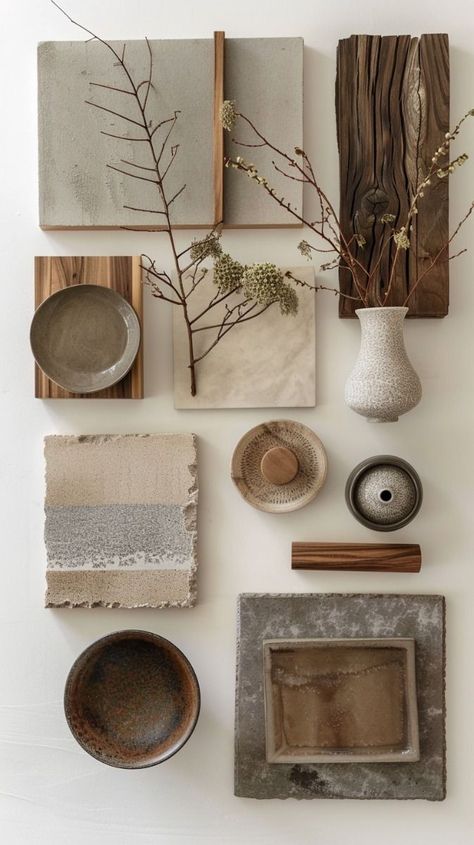 Organic Materials Interior, Beach Mood Board Interior Design, Earth Mood Board Aesthetic, Mountain Modern Mood Board, Wabi Sabi Material Board, Modern Organic Mood Board, Modern Mediterranean Interior Design Mood Board, Earth Tone Mood Board, Restaurant Mood Board