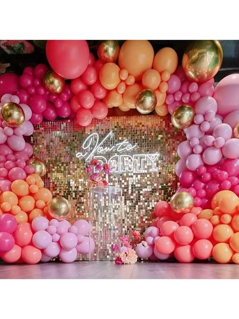 156pcs Pink Orange Balloon Wreath Arch Set, With Pink Orange And Gold Balloons As Decorations For Birthday, Easter Parties, And WeddingsI discovered amazing products on SHEIN.com, come check them out! Pink Orange Gold Balloon Garland, Orange Baby Shower Decorations, 30th Birthday Themes, 40 Balloons, Balloon Wreath, Mums Birthday, Sweet Fifteen, Orange Baby Shower, Sweet 16 Decorations