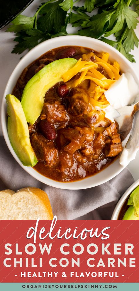 This Slow Cooker Chuck Roast Chili, also called Chili Con Carne, is a spicy, super flavorful chili filled with melt-in-your-mouth chunks of beef like a chili-flavored beef stew. It’s hearty, comforting, and a real crowd-pleasure! Make this to enjoy for weekend dinner or the next time you’re hosting a football party. Organize Yourself Skinny Healthy Meal Prep Recipes for Fall | Healthy Dinner Recipes Chuck Roast Chili Recipes, Recipe With Chuck Roast, Slow Cooker Chuck Roast, Chuck Roast Chili, Roast Chili, Dutch Oven Chili Recipe, Chuck Steak Recipes, Crockpot Chili Recipe, Healthy Meal Prep Recipes