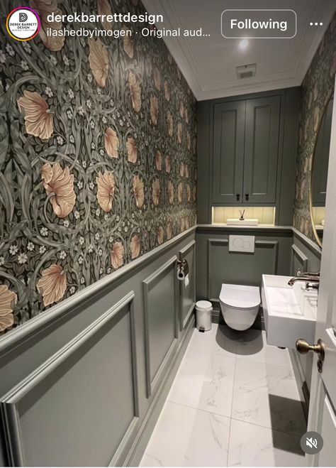 High Level Toilet Cloakroom, Guest Toilet Wallpaper Small Spaces, Panelled Wall Downstairs Toilet, Small Wc Wallpaper, Wallpaper For Downstairs Toilet, Toilet Screen Ideas, William Morris Wallpaper Downstairs Toilet, Wallpaper Ceiling Toilet, Country Style Downstairs Toilet