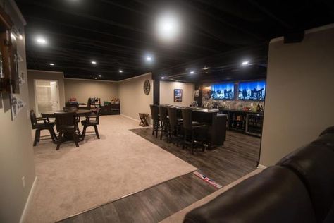 Black Painted Ceiling vs White Painted Ceiling - Finished Basements Plus Black Painted Ceiling, Black Basement Ceiling, Michigan Basement, Black Ceilings, Basement Color Schemes, Unfinished Basement Ceiling, Exposed Basement Ceiling, Basement Ceiling Painted, Basement Ceiling Options