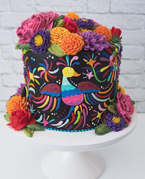 Otomi Embroidery, Bird, Flowers, Mums, Peonies, Roses, Marigolds, Dahlia, Colorful, Vibrant, Festive - @_leslie_vigil Artistic Birthday Cake, Mexican Fiesta Cake, Embroidery Cake, Mexican Cake, Embroidery Bird, Fiesta Cake, Floral Cakes, Otomi Embroidery, Holiday Cake