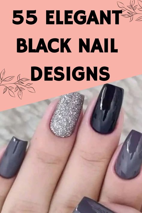 Discover a wide range of stunning black nail art designs that mix sleek and textured finishes, accented with enchanting cosmic patterns. Unleash your imagination with these breathtaking and unique styles that are sure to turn heads. Whether you want a classic or bold look, these extraordinary options will help you achieve the perfect black manicure. Don't settle for ordinary when you can embrace the extraordinary with these gorgeous designs! Black Nails With Silver Accent Nail, Elegant Black Nails For Wedding, Black Grey Nails Ideas, Black Nails Silver Accent, Classic Acrylic Nail Designs, Nails For Black And White Wedding, Grey Nails With Sparkle, Black Grey Silver Nails, Black And White And Silver Nails