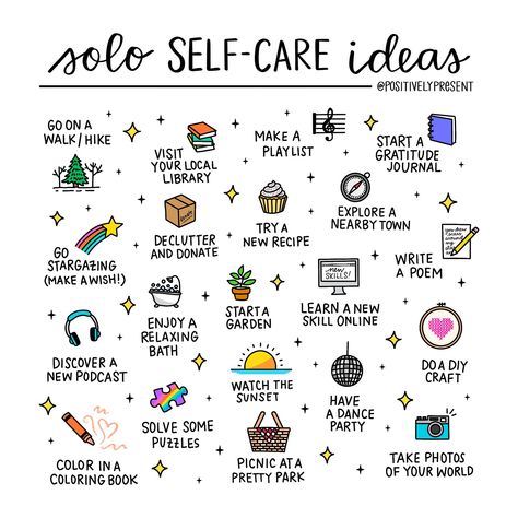 What solo self-care activities did I forget in this illustration? Let me know if I missed your favorite acts of solitary self-care! Selfcare Ideas, Good Meaning, Practicing Self Love, Monday Inspiration, Weekend Plans, Relaxing Bath, Physical Wellness, Mental And Emotional Health, Self Care Activities