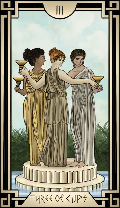 The 3 Graces as 3 of Cups, bestowing gift on humanity. Tarot Three Of Cups, 3 Cups Tarot, Three Of Cups Tattoo, Three Of Cups Tarot, 3 Of Cups, Three Of Cups, 3 Graces, Goddess Of The Hearth, Cup Tattoo