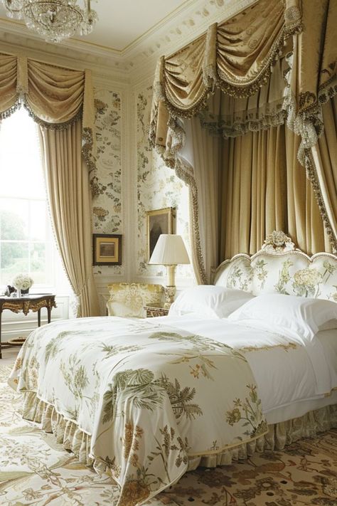 Embrace Timeless Elegance with Traditional Bedroom Inspirations 🛏️✨ Create a cozy and classic bedroom with traditional decor. Use vintage furniture, elegant fabrics, and timeless accents for a serene retreat. 🌿🕰️ #TraditionalBedroom #HomeDecor #ClassicDesign #BedroomInspo Royalty Core Bedroom, Aesthetic Bedroom Royal, French Castle Bedroom, Royal Palace Bedroom Aesthetic, Beverly House, Old World Bedroom, Ancient Royal Bedroom, English Bedroom, Master Victorian Bedroom Ideas