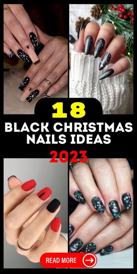 Nails 2023 Designs, Long Nails Black, Red Black White Christmas, Black Christmas Nails, Gold Holiday Nails, Christmas Party Nails, Christmas Nails 2023, Red And Gold Nails, Black Nails With Glitter