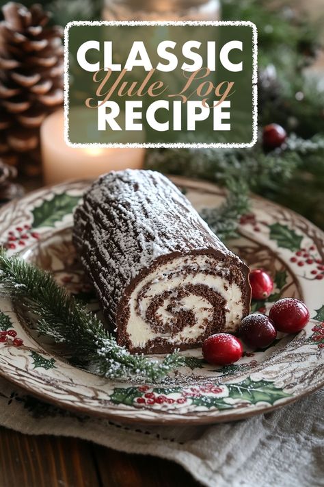 A classic Yule log cake on a decorative Christmas plate, featuring a rich chocolate spiral filled with cream, accompanied by festive berries and greenery. Christmas Yule Log Recipe, Traditional Yule Log Recipe, Swiss Roll Yule Log, Easy Buche De Noel Yule Log Recipe, Sourdough Yule Log, Tiramisu Yule Log, Easy Yule Log Cake Recipe, Yule Cake Recipe, Yule Log Cake Easy