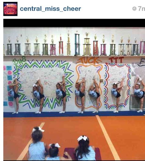 Love the wall! They sign the wall when they master that tumbling skill! Central Mississippi Cheer! Cheer Gym Decor, Cheer Crafts, Gym Layout, Cheer Gym, Dream Gym, Cheerleading Coaching, Dance Store, Cheer Ideas, Cheer Life