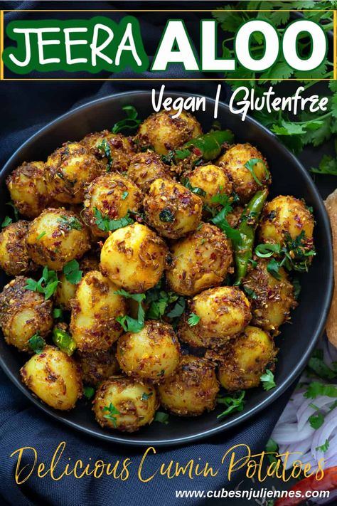 Jeera Aloo is a delicious cumin flavored boiled potato dish which you can prepare just in few minutes with handful of ingredients only. Serve with Indian breads for main course or enjoy it like a snack or appetizer. Jeera Aloo, Masala Aloo, Baby Potato Recipes, Aloo Recipe, Pakistani Dishes, Veg Curry, Aloo Recipes, Veg Food, Indian Bread