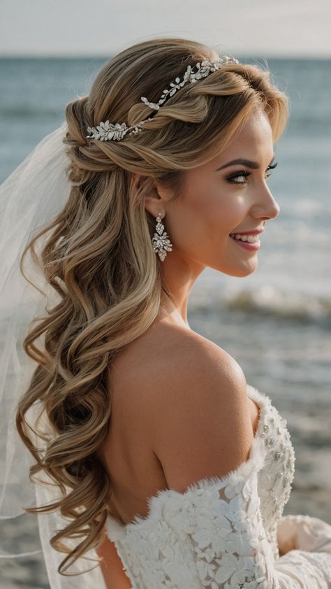 Discover the latest winter bridal hairstyles for long straight short half-up crown veil and short hair Elevate your wedding look with the trendiest buns and styles for a stunning bridal aesthetic Wedding Hairstyles For Cathedral Veil, Beach Wedding Hair For Bride, Bridal Hair Accessories Hair Down, Simple Wedding Hairstyles With Headband, Wedding Princess Hair, Bridal Beach Waves Hair, Half Up Half Down Hair Bridal Veils, Wedding Hair Down With Headband And Veil, Wedding Hair Style Half Up Half Down With Veil