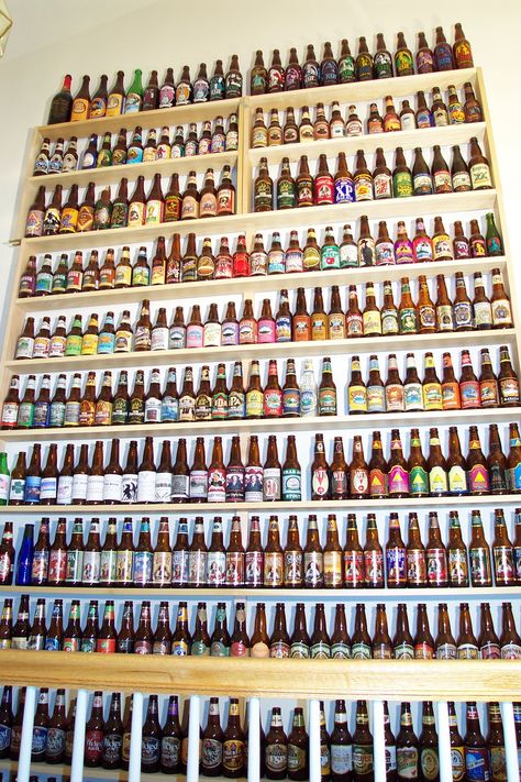 BrewPalace.com: Bottle Collection Pictures, I need this shelving to take up an entire wall so I can show off my collection Beer Bottle Display, Beer Bottle Decor, Beer Bottle Cap Art, Beer Room, Beer Rack, Beer Display, Craft Beer Shop, Beer Bottle Design, Beer Wall