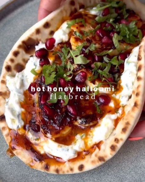 Honey Flatbread, Honey Halloumi, Tzatziki Recipe, Tzatziki Recipes, Chilli Oil, Hot Honey, Crushed Garlic, Mediterranean Diet Recipes, Edible Plants