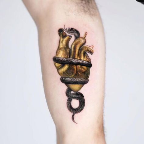 Golden Heart Tattoo, Golden Snake Tattoo, Black Mamba Tattoo, Gold Tattoo Ink, Fancy Tattoo, Geometric Shape Tattoo, Drawing Monsters, The Black Mamba, Mamba Mentality