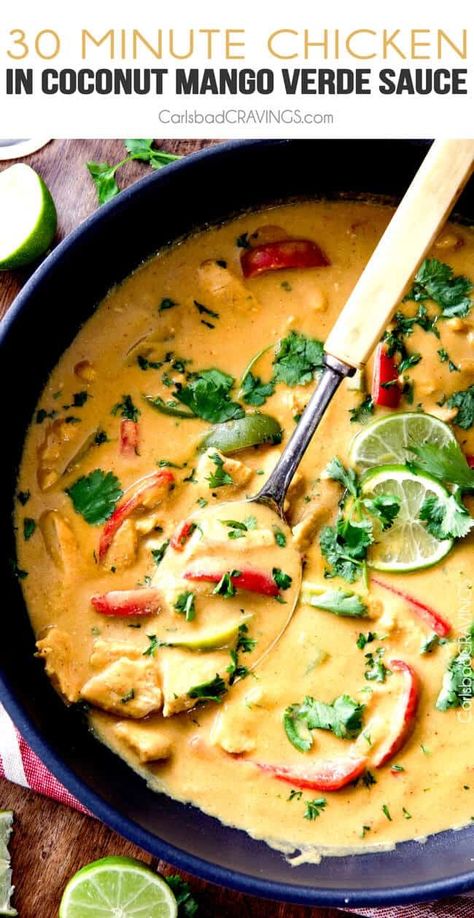 Chicken in Coconut Mango Verde Sauce - Carlsbad Cravings How To Cut Mango, How To Store Mangos, Mango Nutrition, Mango Chicken Curry, Mango Verde, Clean Eating Chicken Recipes, Verde Sauce, Mango Curry, Mango Chicken