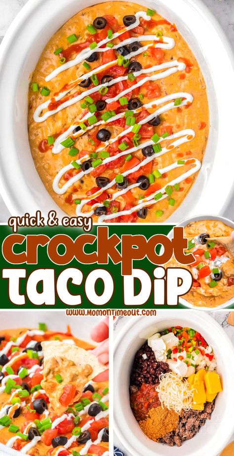 This Crockpot Taco Dip recipe combines all of your favorite taco flavors into one creamy, cheesy and savory dip that everyone will love! Made with ground beef, beans, cheese, salsa and more - it’s a crowd-pleaser that requires minimal effort and pairs perfectly with a handful of tortilla chips. | MomOnTimeout.com Chicken Taco Dip Crockpot, Taco Dip Crockpot Recipes, Taco Dip Crock Pot, Crock Pot Taco Dip, Crockpot Taco Dip, Crockpot Dip Recipes, Baked Taco Dip, Cheesy Taco Dip, Best Taco Dip Recipe