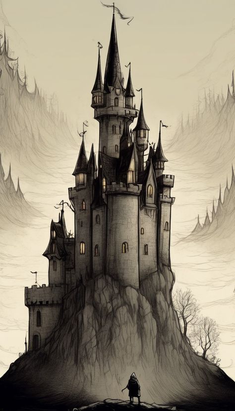 Illustration, he looks at the castle Fantasy Castle Illustration, Midevil Castle Drawings, Fairy Castle Drawing, Castle Drawing Reference, Old Castle Drawing, Gothic Castle Drawing, Draw Castle, Castle Drawing Easy, Castle Drawings