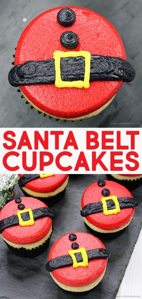 Santa Belt Christmas Cupcakes #christmas #santa #holidaybaking #easyrecipe #easybaking #cupcakes #christmasrecipe #christmasdessert #dessertrecipe #cupcakerecipe #yum #dessert Cupcakes Decoration For Christmas, Xmas Cupcakes Ideas, Christmas Cupcake Ideas For Kids, Christmas Cupcake Ideas Decoration, Cupcake Decorating Ideas Christmas, Easy Christmas Cupcake Recipes, Christmas Cupcake Flavor Ideas, Christmas Cupcake Ideas Easy, Simple Christmas Cupcakes Ideas