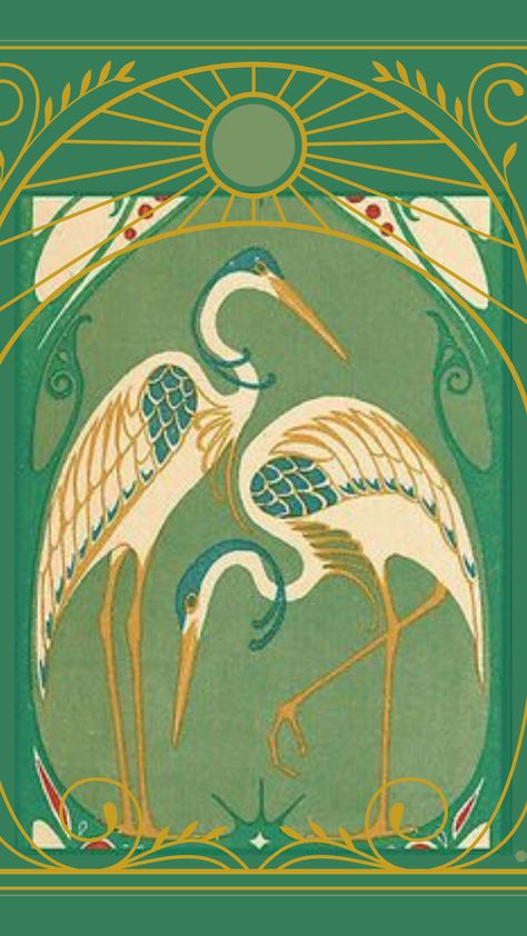 Jian Bird, Fiori Art Deco, Fleurs Art Nouveau, Motifs Art Nouveau, Heron Art, Birds Design, Motif Art Deco, Art Nouveau Illustration, Art Nouveau Pattern