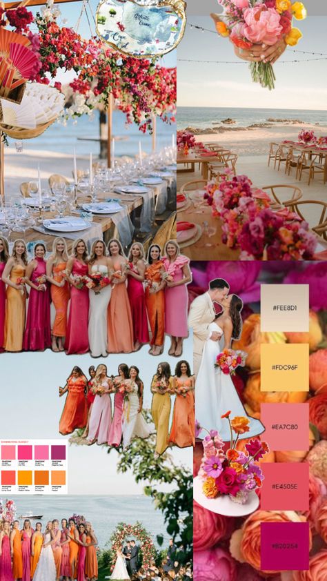 Sunset Wedding Theme, Sunset Wedding Colors, Wedding Color Schemes Summer, Orange And Pink Wedding, Wildflower Wedding Theme, Orange Bridesmaid, Dream Beach Wedding, Dream Wedding Decorations, Boda Mexicana