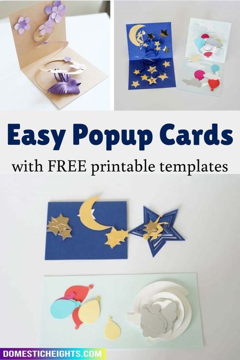 pop up cards made easy, with free svg and printable pdf templates Cricut Pop Up Cards Free, Pop Up Card Cricut Free, Easy Pop Up Cards For Kids, Cricut Popup Cards Svg, Simple Pop Up Cards Directions, Pop Up Valentine Cards, Diy Pop Up Cards, Pop Up Greeting Cards, Pop Up Card Templates