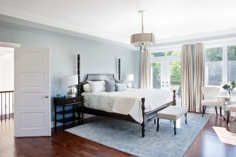 Bedroom Paint Colors Grey, Dark Wood Bedroom Furniture, Dark Wood Bedroom, Dark Wood Bed, Light Blue Bedroom, Dark Bedroom Furniture, Gray Bedroom Walls, Dark Wood Furniture, Painted Furniture Colors