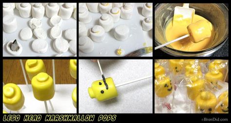 Lego Head Marshmallow Pops Recipe | http://brendid.com/lego-head-marshmallow-pops/ Lego Marshmallow Heads, Lego Marshmallow Pops, Marshmallow Pops Birthday, Lego Cake Pops, Marshmallow Pops Recipe, Lego Party Decorations, Cake Lego, Easter Marshmallow, Lego Themed Party