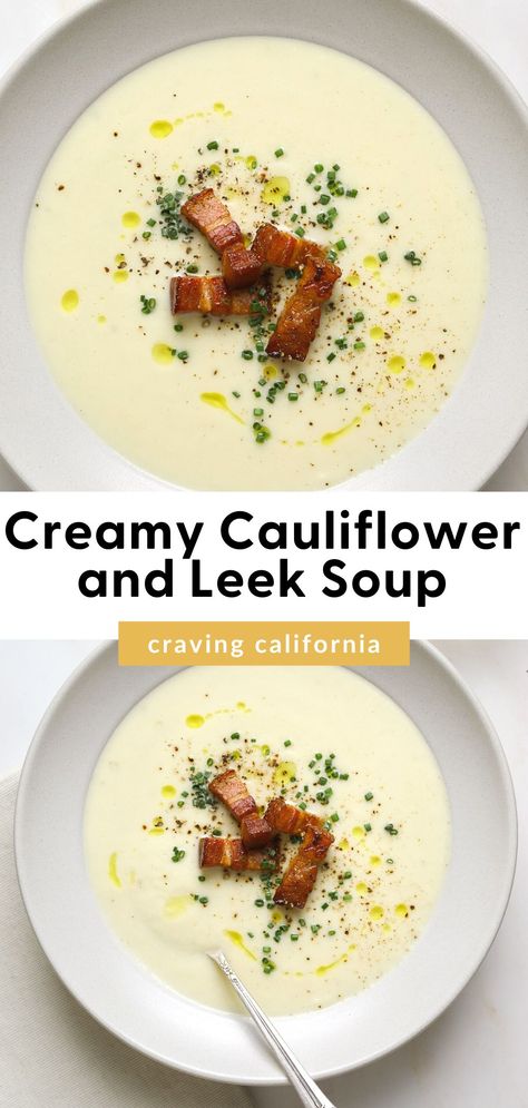 A bowl of pureed cauliflower soup Cauliflower And Bacon Soup, Leak Cauliflower Soup, Cauliflower Bisque Soup, Cauliflower Leek Soup Recipes, Puree Soup Recipes, Leek And Cauliflower Soup, Cauliflower And Leek Soup, Leek And Bacon Soup, Cauliflower Leek Soup