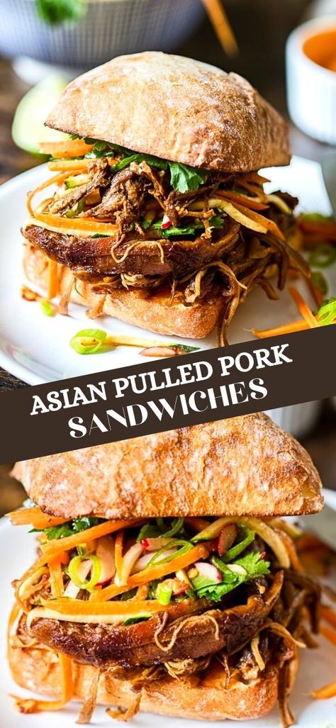 Slaw Sandwich, Asian Pulled Pork, Radish Slaw, Asian Bbq Sauce, Pulled Pork Sauce, Pork Sandwich Recipes, Pork Pulled, Chinese Five Spice, Carrot Zucchini