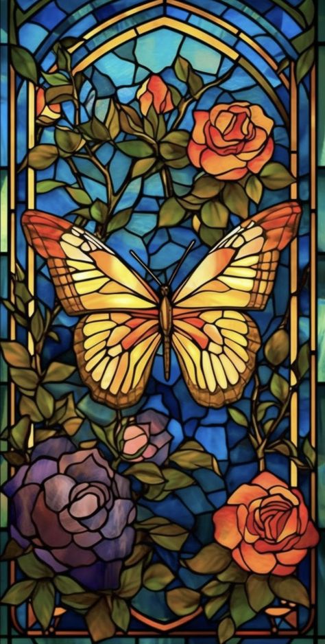 Butterfly Stained Glass Art, Tattoo Therapy, Butterfly Stained Glass, 3 Butterflies, Mosaic Painting, Stain Glass Window Art, Window Illustration, Stained Glass Rose, Glass Painting Patterns