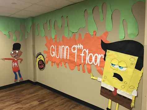 90s Cartoon Decorations, 90s Nickelodeon Party Decorations, Nickelodeon Decorations, Nickelodeon Classroom Theme, Nickelodeon Theme Party, 90s Cartoon Party, Daycare Wall Ideas, 90s Classroom, Nickelodeon Party