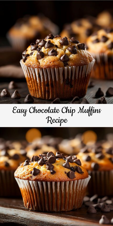 Bake these easy chocolate chip muffins! Soft, fluffy, and packed with chocolate in every bite. Perfect for breakfast! Chocolate Chip Muffins With Cake Mix Boxes, Quick And Easy Chocolate Chip Muffins, Chocolate Chip Muffins No Buttermilk, Simple Chocolate Chip Muffin Recipe, Soft Chocolate Chip Muffins, Chocolate Chip Baking, The Best Chocolate Chip Muffins, Chocolate Chip Muffins Recipe Easy, Vanilla Chocolate Chip Muffins