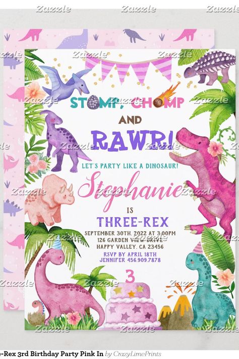 Girl Dinosaur Three-Rex 3rd Birthday Party Pink In Invitation Girl Three Rex Birthday Party, Dinosaur 3rd Birthday Party Girl, Dinosaur 2nd Birthday Party Girl, 3 Rex Birthday Party Girl, Three Rex Birthday Party Girl, 3rd Birthday Party Ideas, Pink Dinosaur Party, Birthday Party Pink, Girl Dinosaur Birthday