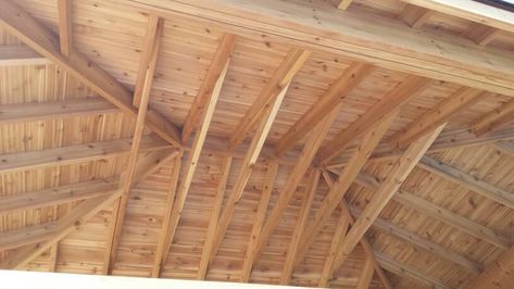 Joists Ceiling, Ceiling Beams Vaulted, Vaulted Beams, False Beams, Rafter Design, Ceiling Rafters, Garden Jacuzzi Ideas, Roof Joist, Painted Beams