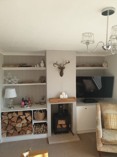 Tv Next To Log Burner, Log Burner Storage Living Rooms, Log Store Alcove, Log Burner Living Room Wood Storage, Wood Stove Built In Shelves, Built In Tv Wall Unit With Log Burner, Kitchen Log Burner, Log Burner Storage, Alcove Wood Storage