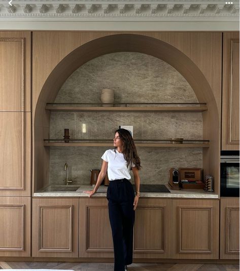 Built In Wet Bar Kitchen, Bar With Arches Design, Arch Kitchen Design, Arch Doors Kitchen, Arched Coffee Nook, Arch Cabinet Built In, Arched Built In Bar, Anne Marie Barton Interiors, Arched Range Hood