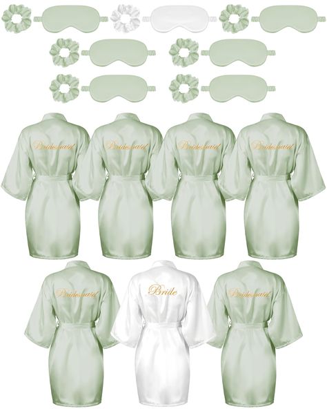 PRICES MAY VARY. Nice Combination Set: the package comes with 7 pieces of bridal party robes, including 1 bride embroidered robe and 6 bridesmaid robes, each gown comes with a matching eye mask and hair tie set in the same color, sufficient in quantities and styles to meet your requirement of using Soft and Comfortable: the bridesmaids robes, eye mask and hair ring are all made of quality satin fabric, which is soft and skin friendly; The inside of the eye mask is filled with 180 grams of silk c Sage Green Bridesmaid Robes, Wedding Day Robes Bridal Parties, Bridesmaid Matching Getting Ready, Will You Be My Bridesmaid Sage Green, Princess And The Frog Bridesmaid Dresses, Princess And The Frog Wedding Theme Bridesmaids, Bridesmaids Pajama Set, Wedding Party Getting Ready Outfits, Green Bridesmaid Robes