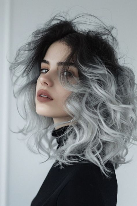 Black Roots White Hair, Black To Gray Hair, Silver Hair Black Roots, Black Hair White Root, White Hair Dark Roots, Grey Hair Black Roots, Silver Hair Ombre Black, Gray And Purple Hair, Ashy Silver Hair