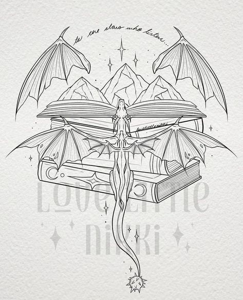 Fourth Wing And Acotar Tattoo, City Of Starlight Tattoo, Fourth Wing Drawing, Fourth Wing Tattoo Ideas, Velaris Tattoo, Fourth Wing Tattoo, Book Inspired Tattoos, Beautiful Spine Tattoos, Book Lover Tattoo