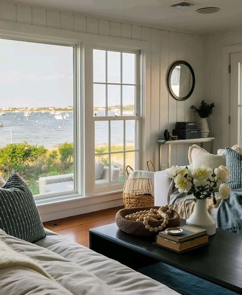 Emslifeandloves Coastal Beach House Interiors, Nantucket Style Homes, Nantucket Cottage, Cottage Beach House, Living Room Cozy, Nantucket Home, Coastal Beach House, Dream Beach Houses, Room Cozy