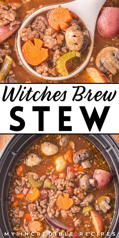 Craft a cauldron of Witches' Brew Stew, a hearty and enchanting dish perfect for conjuring up comfort on chilly nights. This mystical stew combines tender chunks of meat, root vegetables, and aromatic herbs, creating a rich and flavorful potion that warms both body and soul. Serve it in rustic bowls and garnish with a sprinkle of magic dust (paprika) or bat-shaped croutons for a spellbinding dining experience that's sure to cast a delicious spell on all who partake. Try this recipe! Witches Brew Beef Stew, Witch's Brew Stew, Witch’s Brew Stew, Witches Brew Stew Crock Pot, Witchy Soup Recipes, Samhain Stew, Witch Soup Recipe, Halloween Stew Recipes, Halloween Soups And Stews