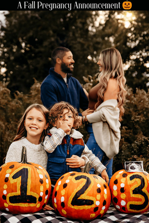 Family captured for a stunning fall pregnancy announcement. Pumpkin Baby Announcement, Fall Baby Announcement, Pregnancy Announcement Family, Fall Pregnancy Announcement, Fall Pregnancy, Funny Fall, Family Photoshoots, Pregnancy Announcement Ideas, Fall Maternity