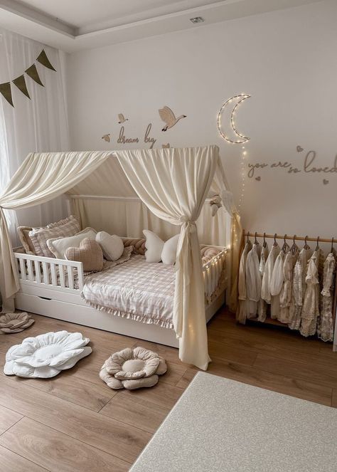 House Bed Girls Room, Modern Toddler Room, Toddler Bedroom Ideas, Muslin Curtains, Toddler Bedroom Girl, Toddler Bedroom, Toddler Girl Room, Toddler Room Decor, Kids Bedroom Inspiration