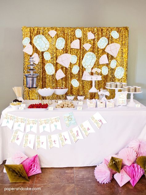 Gemstone Birthday Party Ideas and decorations | paperandcake.com #birthdayparty #partydecorations #printablepartyware #gemstones Diamonds Are Four Ever Birthday, Gemstone Party, Gemstone Themed Party, Gem Party Favors, Gem Themed Birthday Party, She’s A Gem Birthday Party, Favor Bag Toppers, Craft Market Display, Sparkle Party