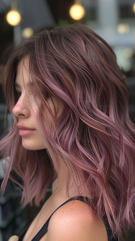 25 Expert Ideas for a Head-Turning Burgundy Hair Makeover Fun Hair Color Highlights, Dusty Rose Hair Color Mauve, Colorful Balayage Hair, Dark Brown And Pink Hair, Dark Hair With Pink Highlights, Brown To Pink Hair, Dusty Pink Hair Color, Brunette With Pink Highlights, Soft Pink Highlights