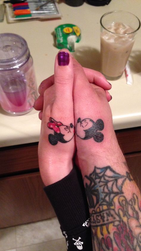 Mickey And Minnie Holding Hands, Mickey And Minnie Kissing Tattoo, Toy Story Couple Tattoo, Disney Husband And Wife Tattoos, Mickey And Minnie Tattoos Couples, His N Hers Tattoos Couples, His Her Tattoos, Minnie Mouse Tattoo, His And Hers Tattoos