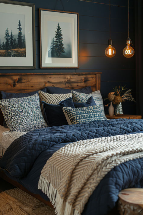 mens home decor, men's bedrooms, bedroom ideas, dark bedroom, young males bedroom Picture Ideas For Bedroom Room Decor, Navy Blue Industrial Bedroom, Masculine Home Decor Ideas, Bedroom Ideas Low Light, Darker Room Ideas, Modern Farmhouse Bedroom Blue, Dark Cozy Cottage Bedroom, Minimalist Cabin Decor, Mountain Guest Bedroom