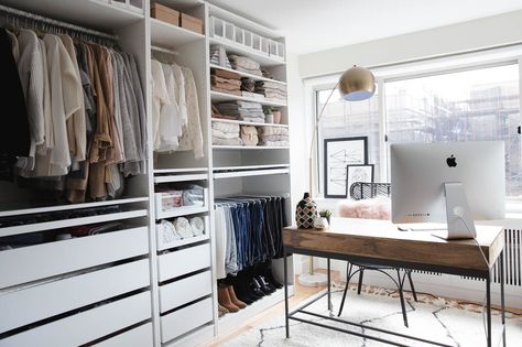 Happy Monday, everyone! I am so excited to kick of my home interior posts with one of my favorite rooms... Closet Room With Desk, Cloffice Storage, Cloffice Ideas Small Spaces, Office And Closet Combo Room, Interior Posts, Cloffice Ideas, Pax Closet, Styled Snapshots, Brain Storming