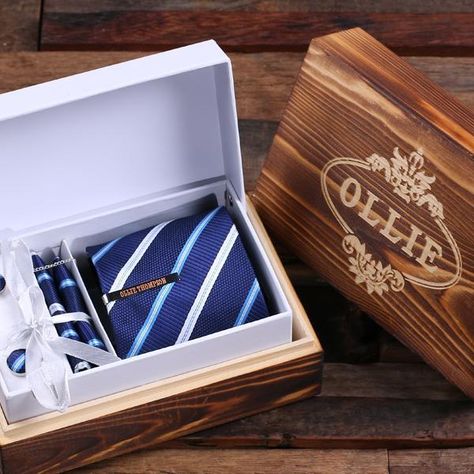 Bro Box (Tie, Personalized Tie Clip, Cufflinks, Pocket Square & Box) for Groomsmen Personalized Tie Clip, Groomsmen Gift Set, Pocket Square Size, Engraved Box, Personalized Tie, Vintage Stationery, Necktie Set, Clip Lights, S Monogram